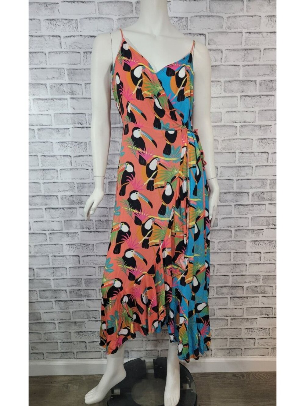 Farm Rio Anthropologie Toucan Tropical Wrap Maxi Dress Size Large - READ